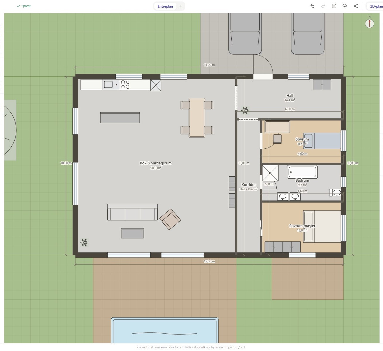 2D planritning i HusStudio med väggar, mått, rum, dörrar och fönster